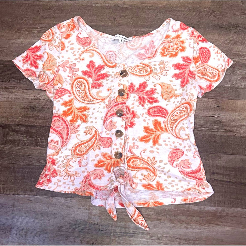 Emily Daniels Paisley Button Front Tie-Front Top Scoop Neck Short Sleeve M
